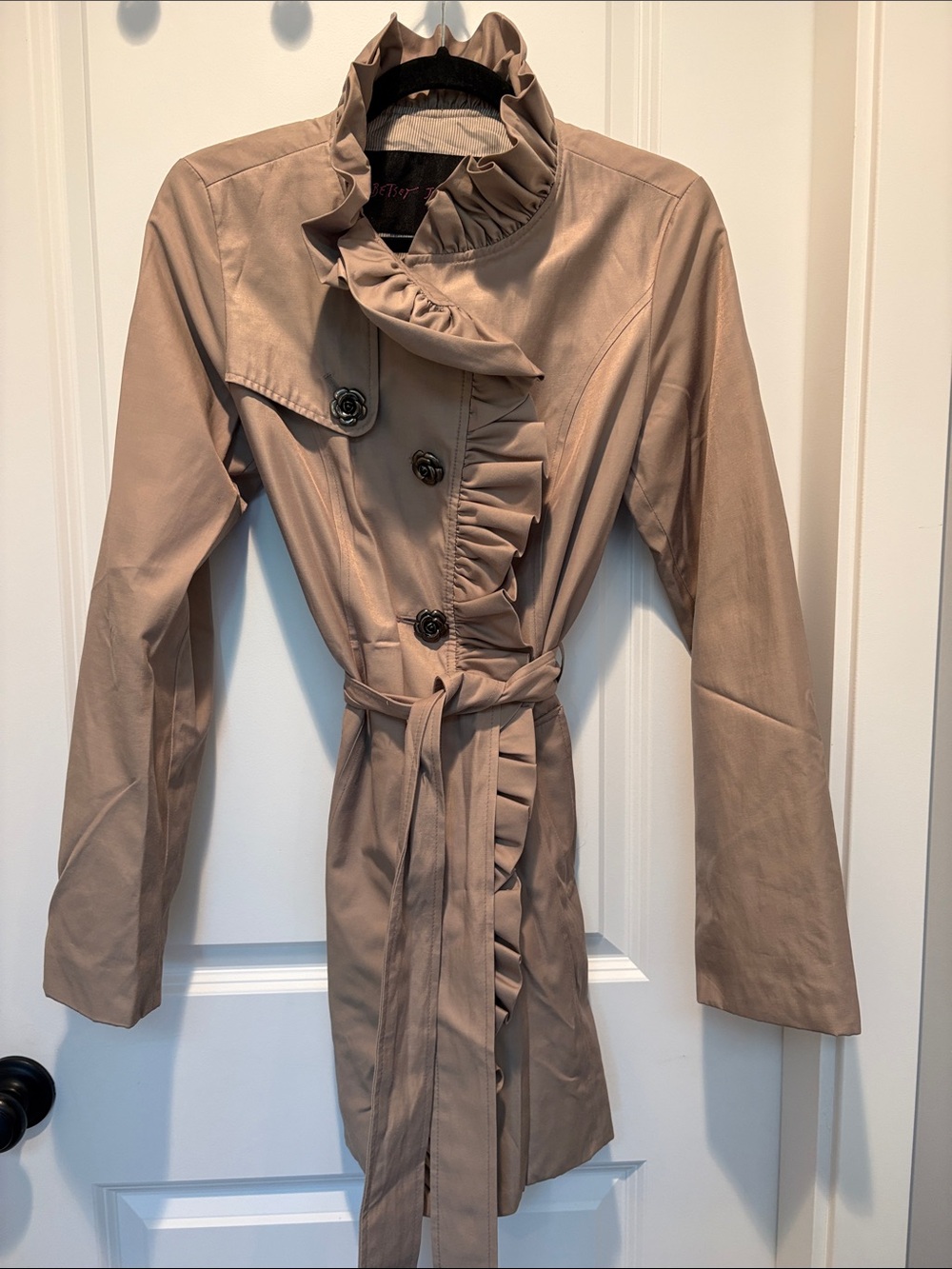 Betsey Johnson Ruffle-Front Taupe Trench Coat with Belt